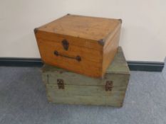 An oak storage box and an antique pine crate