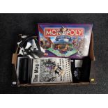 A box of Newcastle and Gateshead edition Monopoly, Newcastle United shirt, magazines,