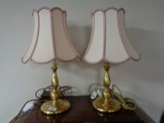 Two brass table lamps with shades