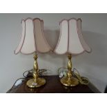 Two brass table lamps with shades