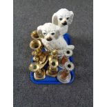 A tray of assorted brass, eastern vases, candlesticks,