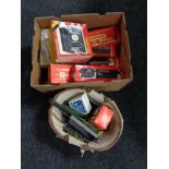 A box and basket of Hornby rolling stock, track and accessories, Airfix,