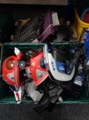 A box and crate of assorted electricals, virtual reality head set,