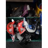 A box and crate of assorted electricals, virtual reality head set,