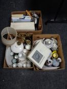 Three boxes of miscellaneous brass, blue and white dinner ware,