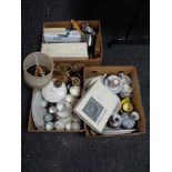 Three boxes of miscellaneous brass, blue and white dinner ware,