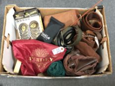 An interesting collection of shooting accessories : Leather cartridge belt, beater's rattle,