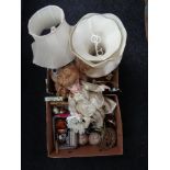 Two boxes of marble and brass table lamps, porcelain doll, trinket boxes,