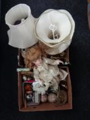 Two boxes of marble and brass table lamps, porcelain doll, trinket boxes,