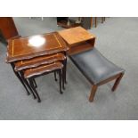 A nest of three inlaid mahogany tables and a teak telephone table