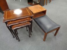 A nest of three inlaid mahogany tables and a teak telephone table