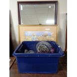 A box of assorted glass ware together with a framed bevelled mirror,
