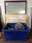 A box of assorted glass ware together with a framed bevelled mirror,