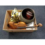 A box of chalk figure of a lion cub, violin, brass embossed planter,