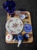A tray of china, antique floral wall plate , duck figures,