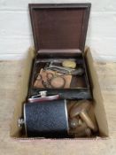 A box of Art Deco embossed tin, hip flask, sewing items, Toffee hammers,