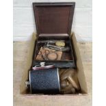 A box of Art Deco embossed tin, hip flask, sewing items, Toffee hammers,
