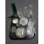 A tray of antique and later glass ware, decanter, Edinburgh crystal wine glass,