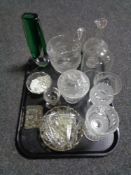 A tray of antique and later glass ware, decanter, Edinburgh crystal wine glass,