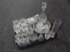 A tray of antique and later glass, decanter, brandy glasses,