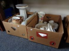 Two boxes of assorted china, tea ware, Woods lustre vase,