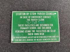 A tin Sturton by Stow Parish Council safety sign