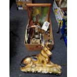 A twentieth century chalk dog - Alsatian, together with metal ware,