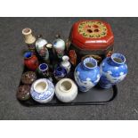 A tray of antique and later oriental vases, pair of cloisonne vases, marble lidded vases,