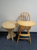 A child's beech wood high chair and an occasional table