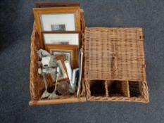 A wicker picnic basket and log basket containing framed prints, star wars walker,