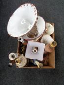 A box of contemporary table lamps and shades