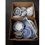 Two boxes of antique blue and white china to include dinner plates, tureens,