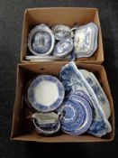 Two boxes of antique blue and white china to include dinner plates, tureens,