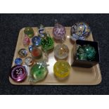 A tray of seventeen glass paperweights