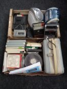 Two boxes of projector, reels, cd radios,