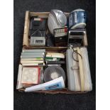 Two boxes of projector, reels, cd radios,