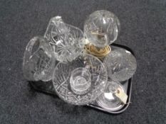 A tray of assorted glass ware, glass table lamp with shade (Af), further glass shade, fruit bowl,