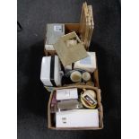 Three boxes of miscellaneous - trays, John Lewis toaster, boxed Winton china, Indian tree china,