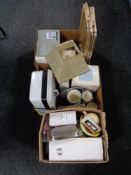 Three boxes of miscellaneous - trays, John Lewis toaster, boxed Winton china, Indian tree china,