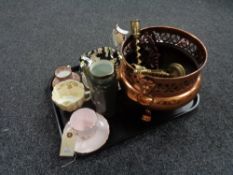 A tray of assorted china, copper lustre teapot, Royal Winton comport, moustache cup,