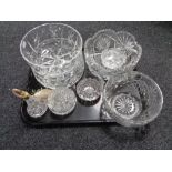 A tray of glass ware, crystal fruit bowls, etched glass bottle,