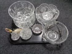 A tray of glass ware, crystal fruit bowls, etched glass bottle,