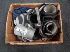 Two boxes of size 10 van snow boarding boots, salopettes,