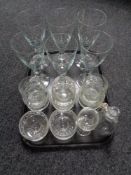 A tray of assorted glass ware, set of six twist stem over sized wine glasses,