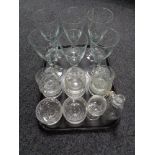 A tray of assorted glass ware, set of six twist stem over sized wine glasses,