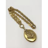 An antique yellow metal pearl and diamond locket and necklace, 38.1g.