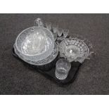 A tray of glass ware, Tutbury mantel clock, bowls,
