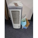 An air cooler and a box of table lamps,