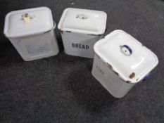 Three enamelled bread bins