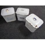 Three enamelled bread bins